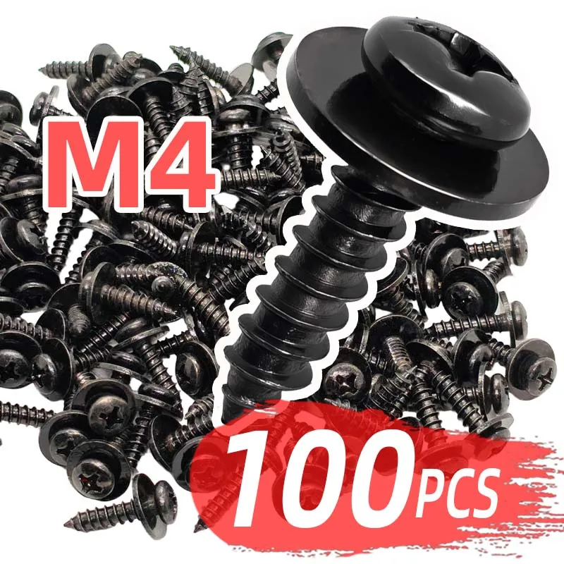 M4 4mm Black Self-tapping Screws Pan Head Cross Bolts with Gasket for Car Motorcycle Bumper Fender Fixed Fastener
