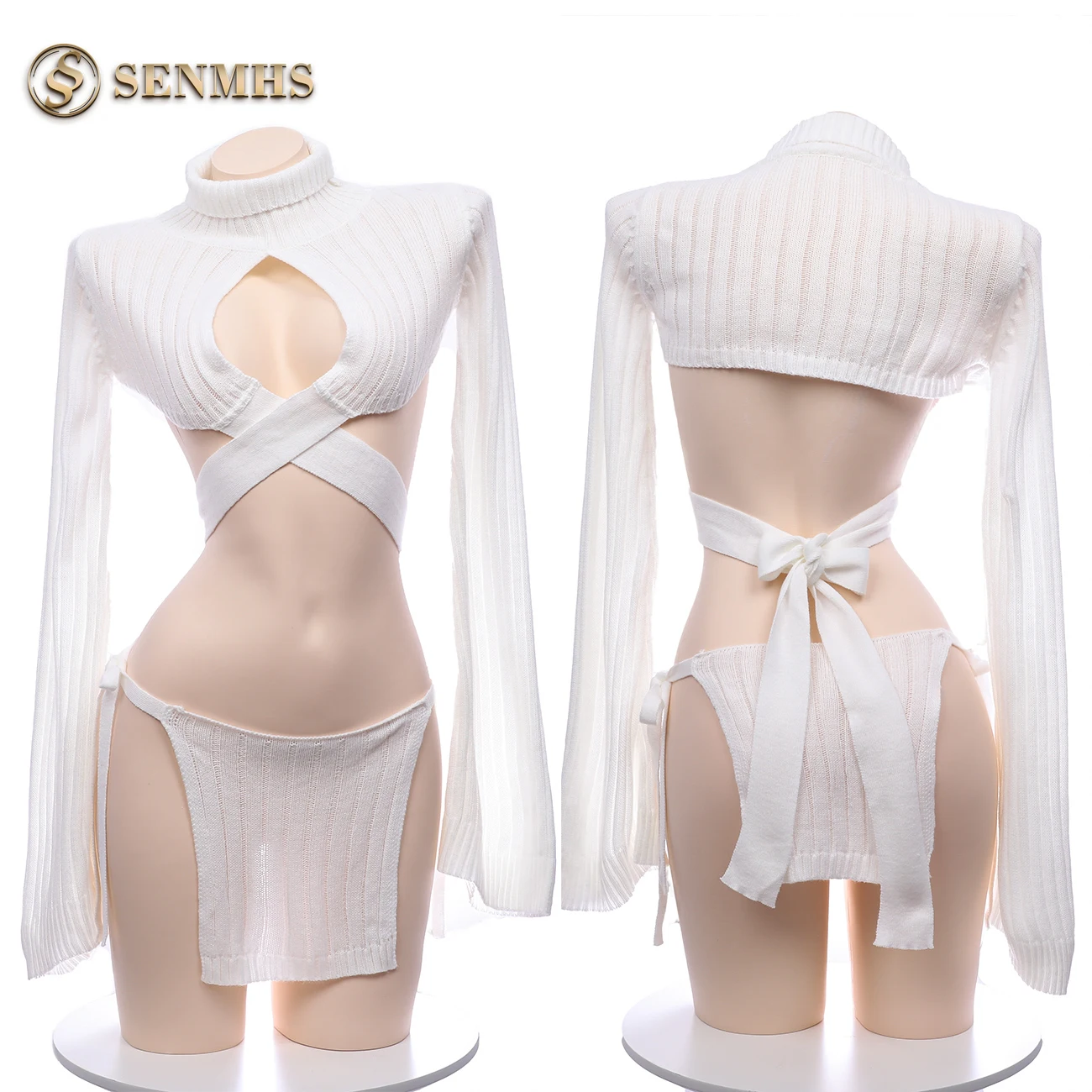 SENMHS Japanese Hollow Out Sweater Student Sexy Lingerie Pajamas Cosplay Girls Lovely Bowknot Bra And Skirt Set For Women White