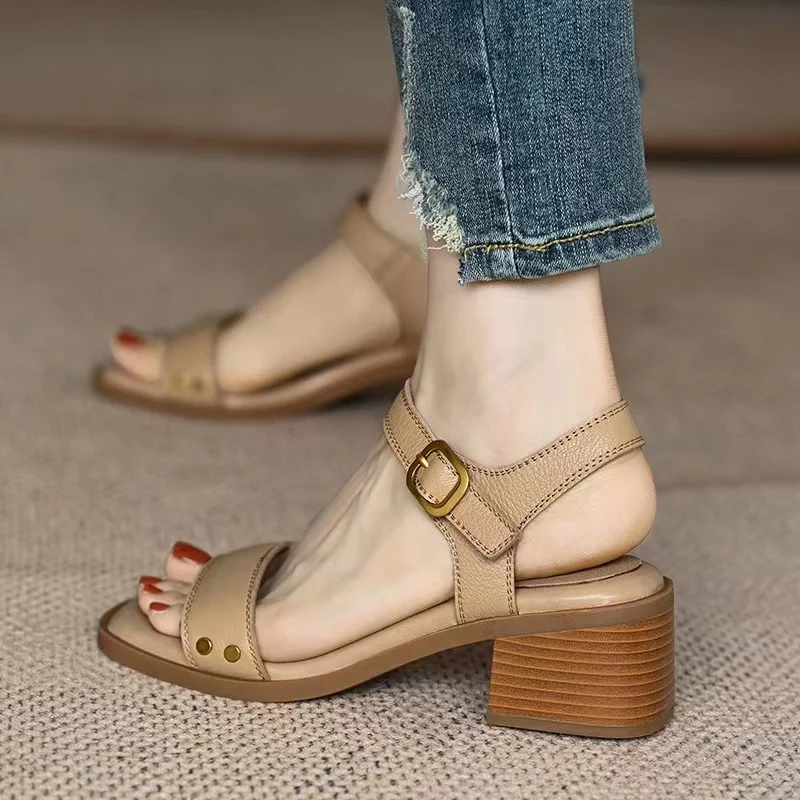 Vintage Brown Sandals for Women Summer Low Heel Roman Shoes with Open Toe Stripe Comfortable Square Root Women Platform Shoes