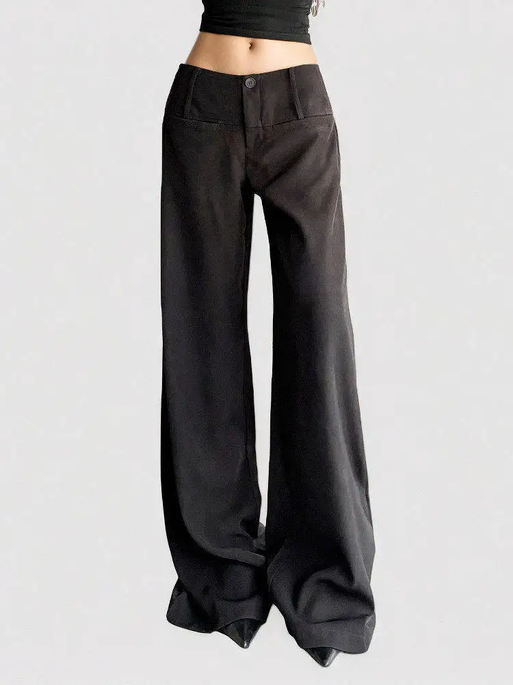 Funoff Casual Black Draped Suit Straight Leg Pants Basic Versatile Slimming Wide Leg Floor-Length Low Waist Trousers