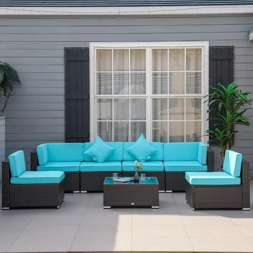 7pcs Patio Furniture Sets Outdoor Wicker Sets All Weather PE Rattan Sectional Sofa Set w/ Cushions & Tempered Glass Desktop