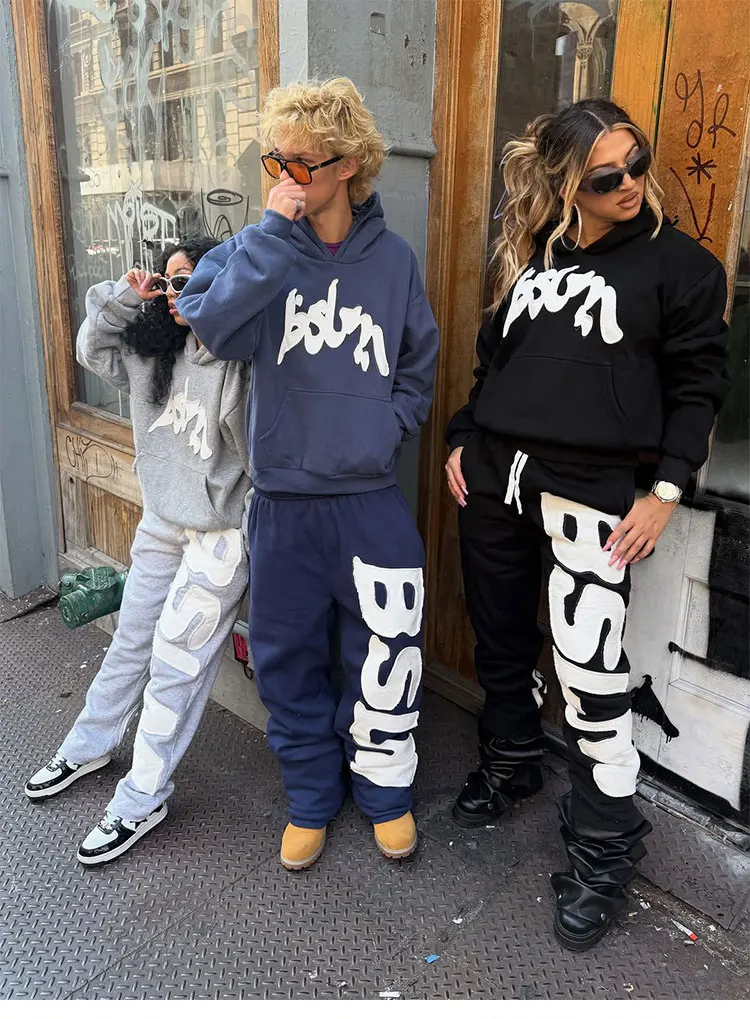 BSLM Jogginghose Gerade Geschnittene Weite Sweathose Unisex Baggy Jogginghose mit Aufnähern Sportliche Hose für Männer und Frauen Übergroße Loose-Fit Hose – Detail 2