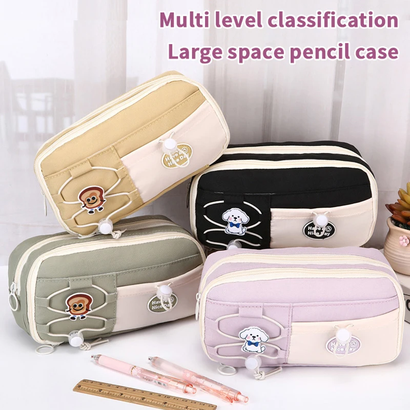 Simple Large Capacity Student Pencil Case Multi-layer Flip Style Cute Pencil Pouch INS Canvas Gel Pen Organizer Kids
