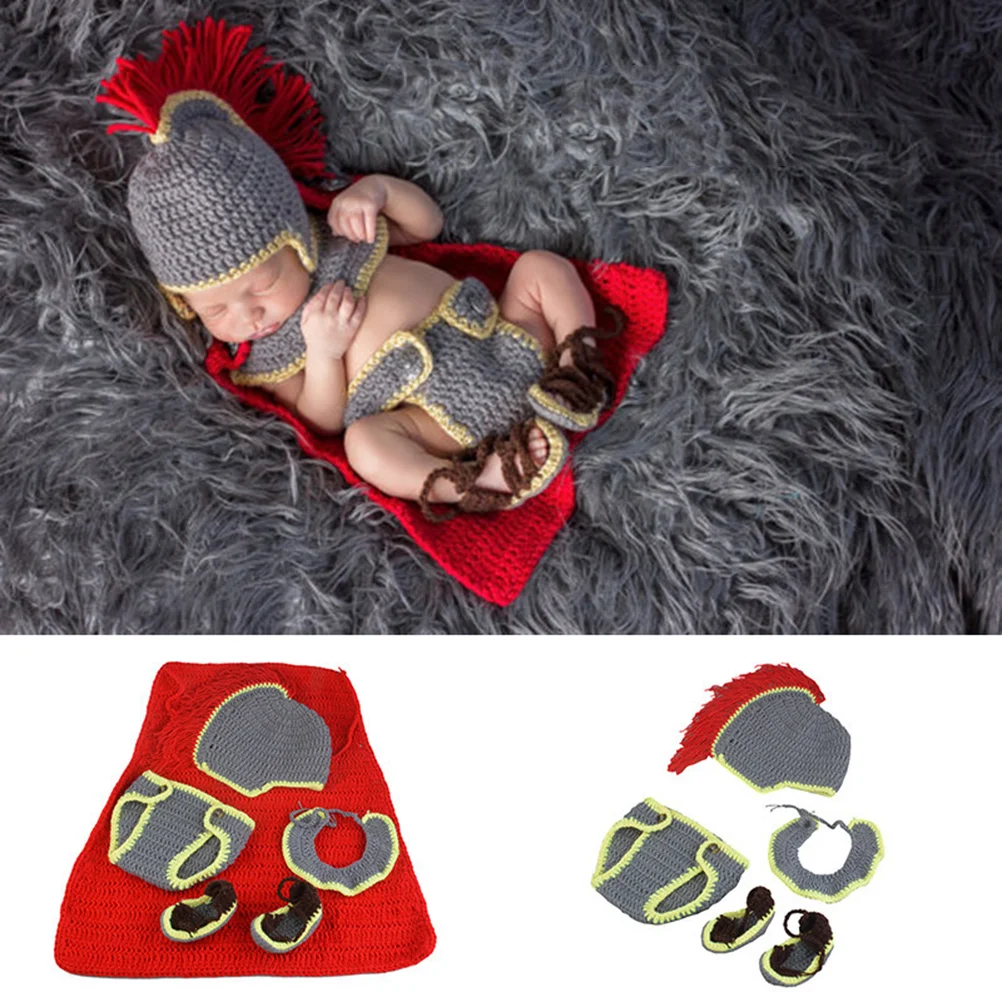 4pcs Newborn Baby Photography Props Knight Suit Photo Outfits Knitted Unisex Hat Pant Shoes Costume with Cape