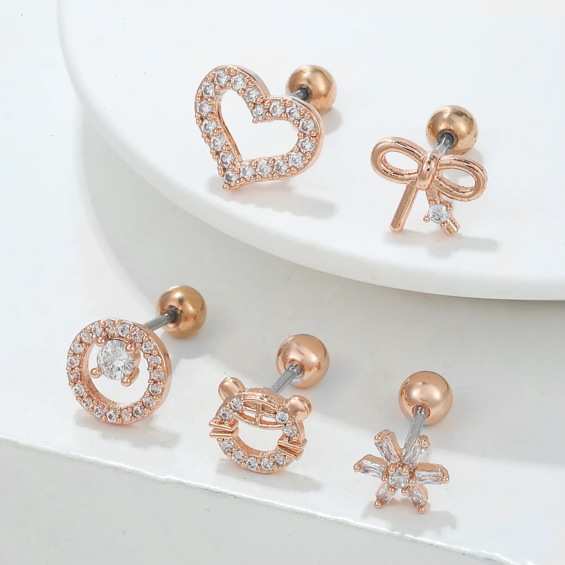 1Piece Stainless Steel Rod Zircon Heart Bow  Piercing Thread Stud Earrings Jewelry for Women Sweet Cute Party Gift Wholesale