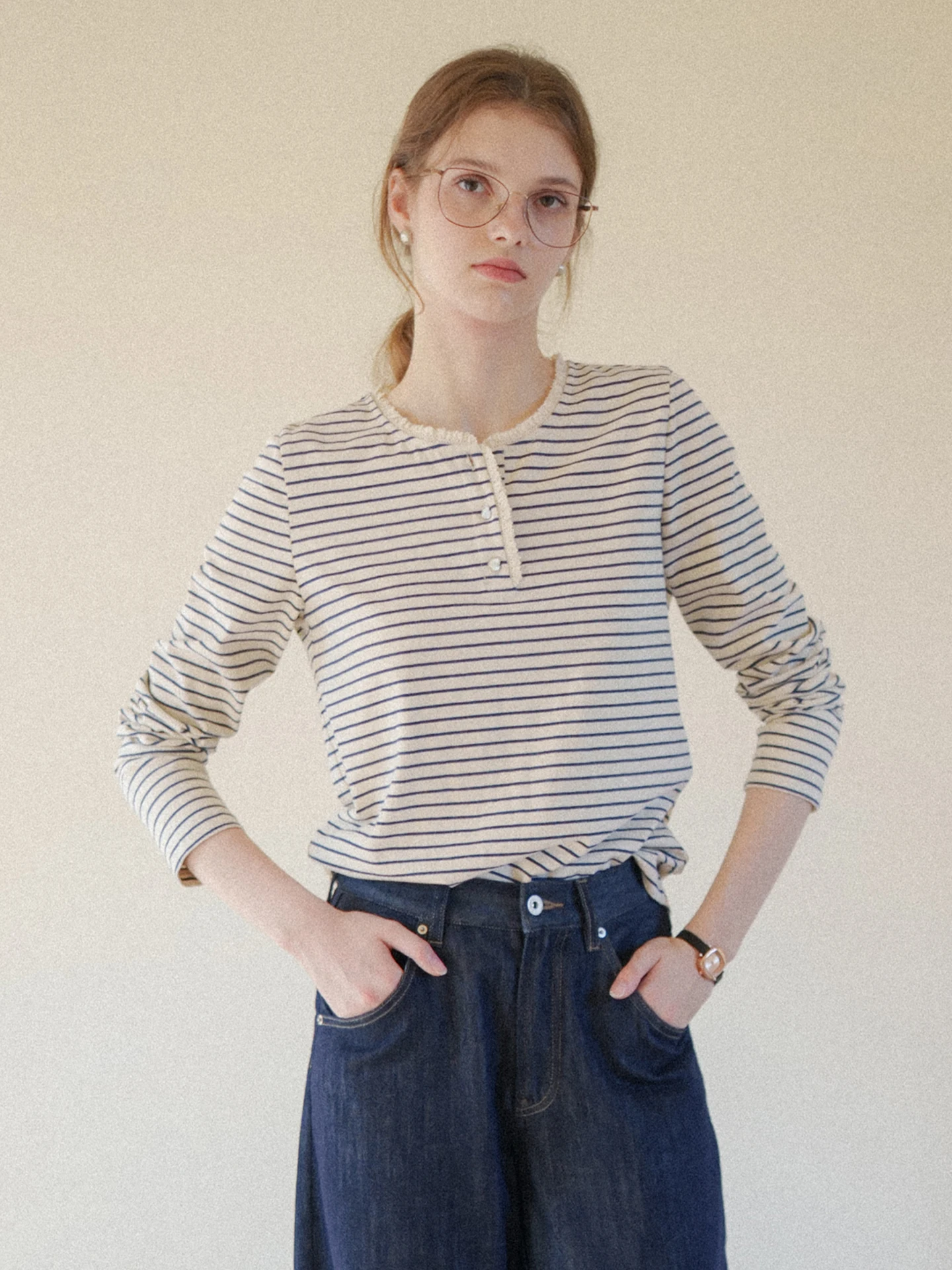 

Retro Striped Henry Collar Long Sleeve T-Shirt Women's Base Shirt MarchNoon Cotton Gauze Trim T-Shirt Straight Cut Fit
