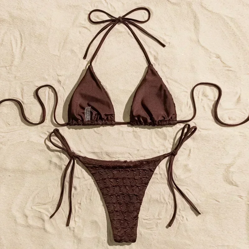 

Women's Solid Brown Micro Bikini Set String Halter Triangle Thong Sexy Wrinkled Swimsuit Bathing Suit Mujer Biquine Brasileiro