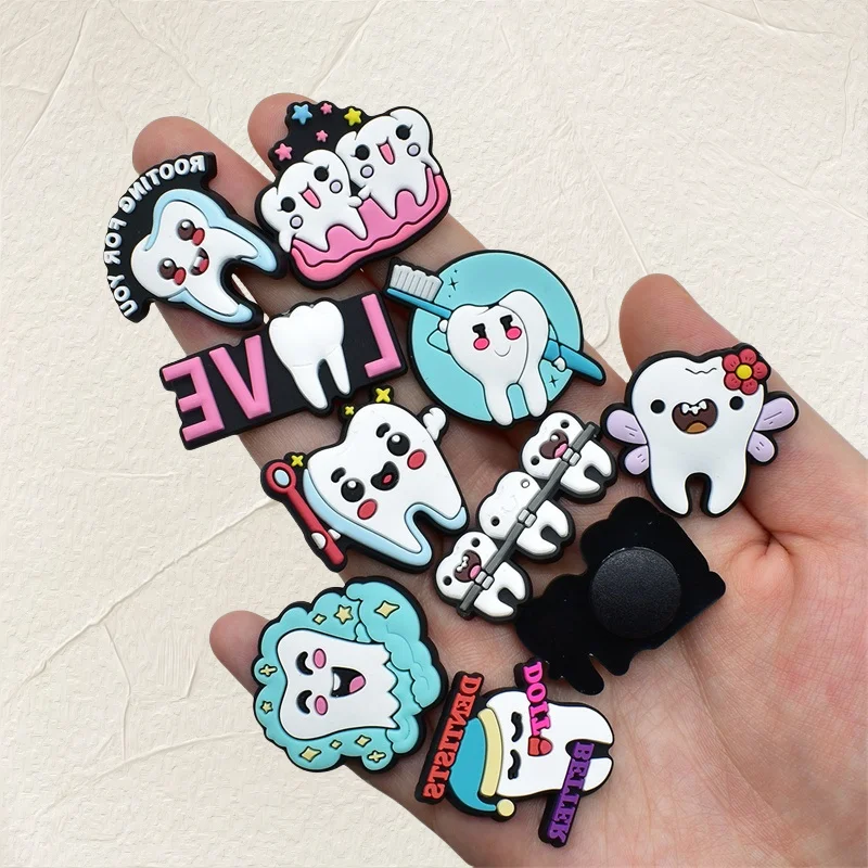 20pcs Cartoon Teeth Toothbrush Love Dentist For You Rooting Teeth Protection PVC Shoe Trim Clog Needles