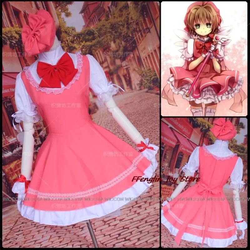 ss23 อะนิเมะคิโนโมโตะ แคร์ดแคปเตอร์ ซากุระคอสเพลย์เครื่องแต่งกายสาวเวทมนตร์ชุดสีชมพูวิกผมไม้เท้าชุดฮาโลวีนชุด