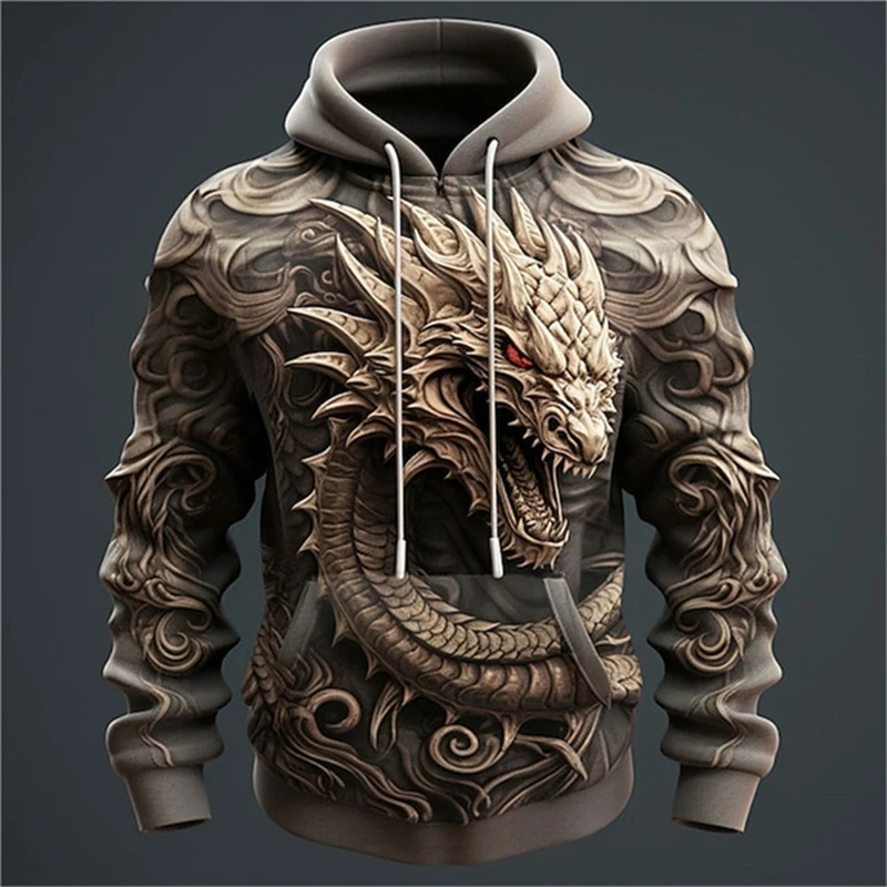 Chinese Dragon Printed Men\'s Hoodie Fashion 3D Dragon Pattern Tops New Sweatshirt Hip Hop Harajuku Oversized Pullover