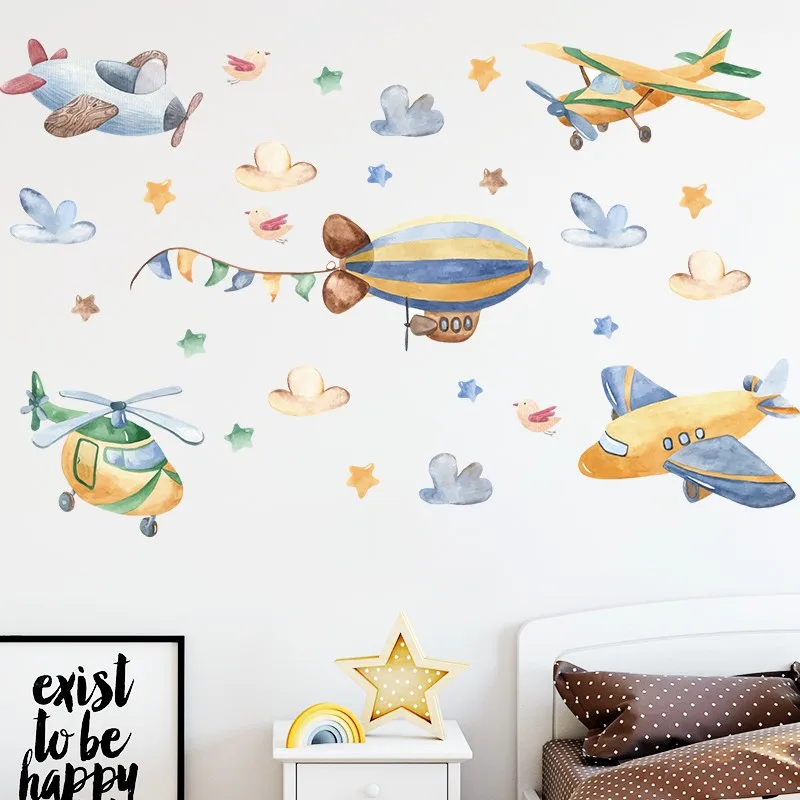 Cartoon Helicopter Aircraft Fighter Jet Wall Stickers For Kids Room Home Decoration Diy Plane Mural Art  Boys Decal Pvc Poster