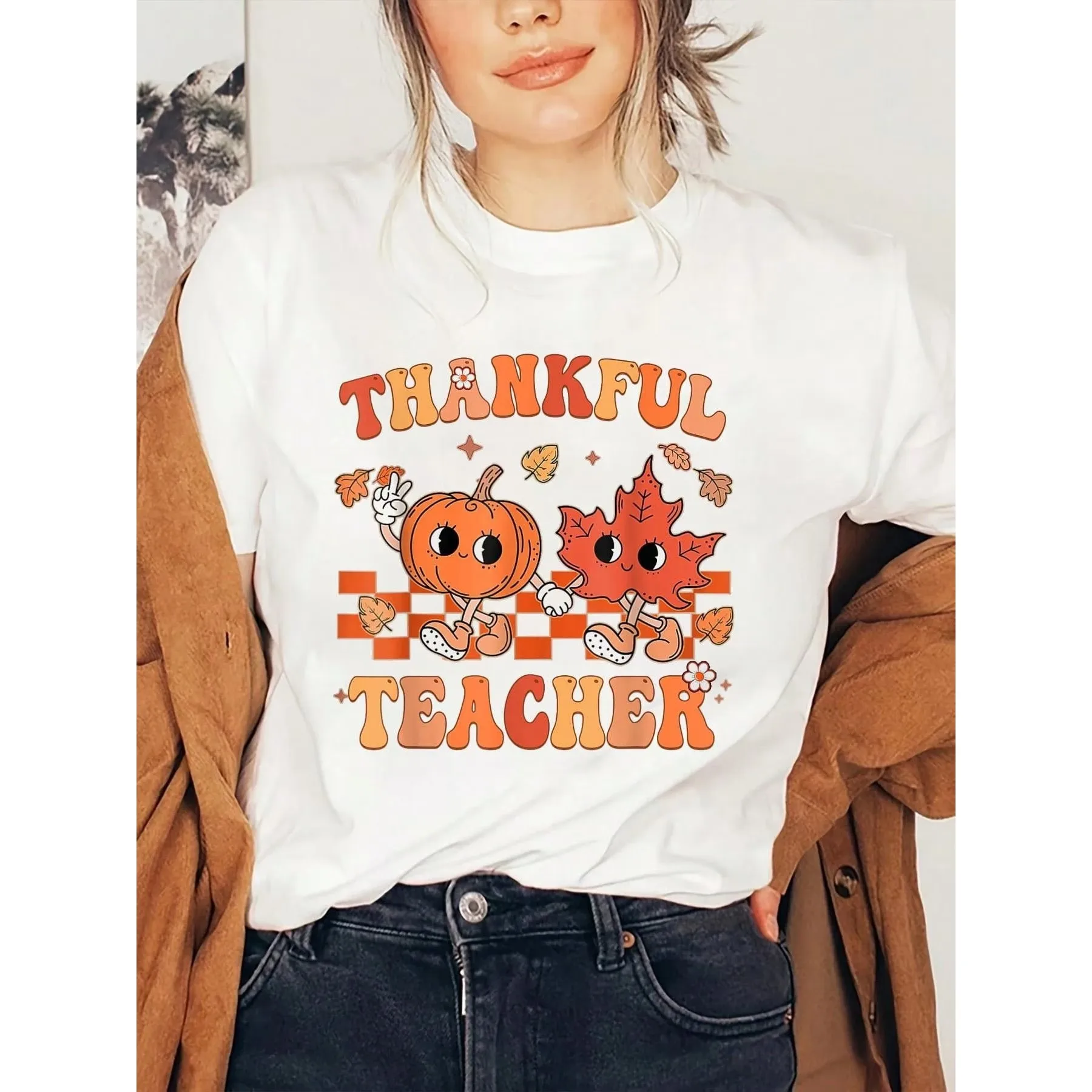 Thankful Teacher Retro Groovy Thanksgiving Fall T-Shirt, Graphic Tees