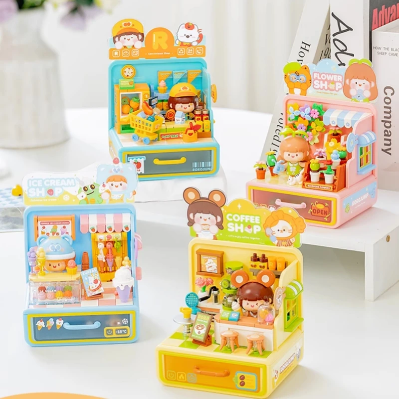 

Строительные блоки с мясным соусом, ящик для хранения, сборка мелких частиц, кофейня, круглосуточный магазин, модель уличной сцены, украшения, подарок