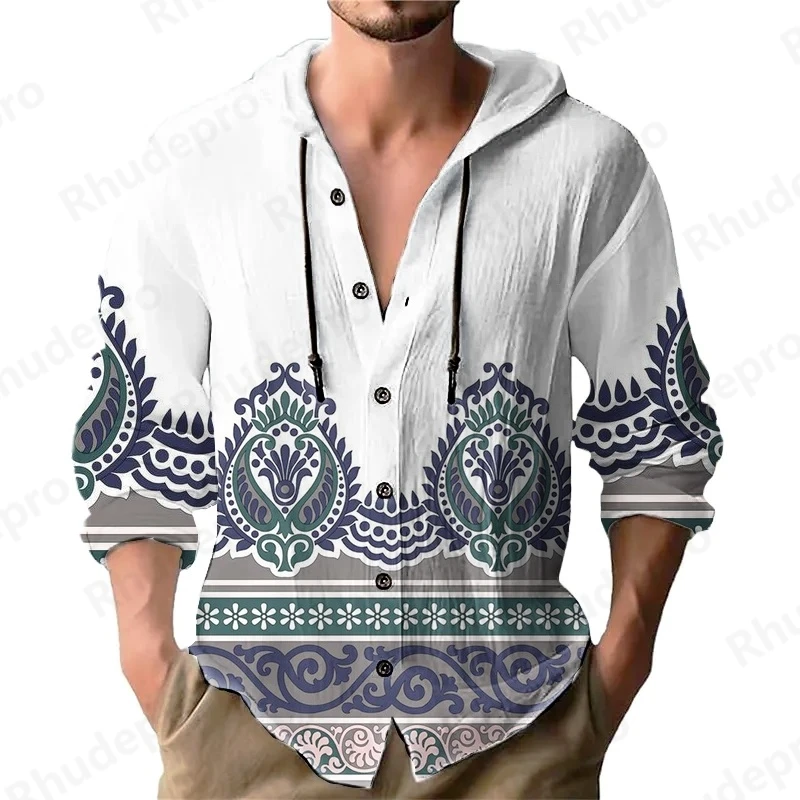 

Осень 2024, мужская однотонная повседневная рубашка с капюшоном, кардиган на шнурке, свободная пляжная футболка в национальном стиле, Camisas Para Hombres