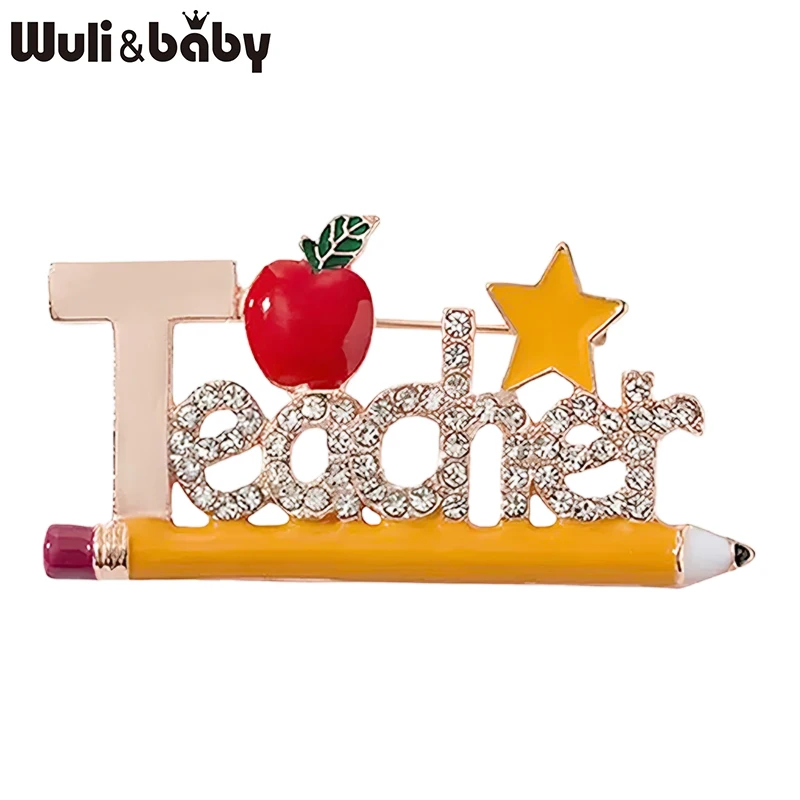 Wuli&baby English Word Teacher Brooches For Women Unisex Enamel Apple Pencil Design Teachers' Day Brooch Pin Gifts