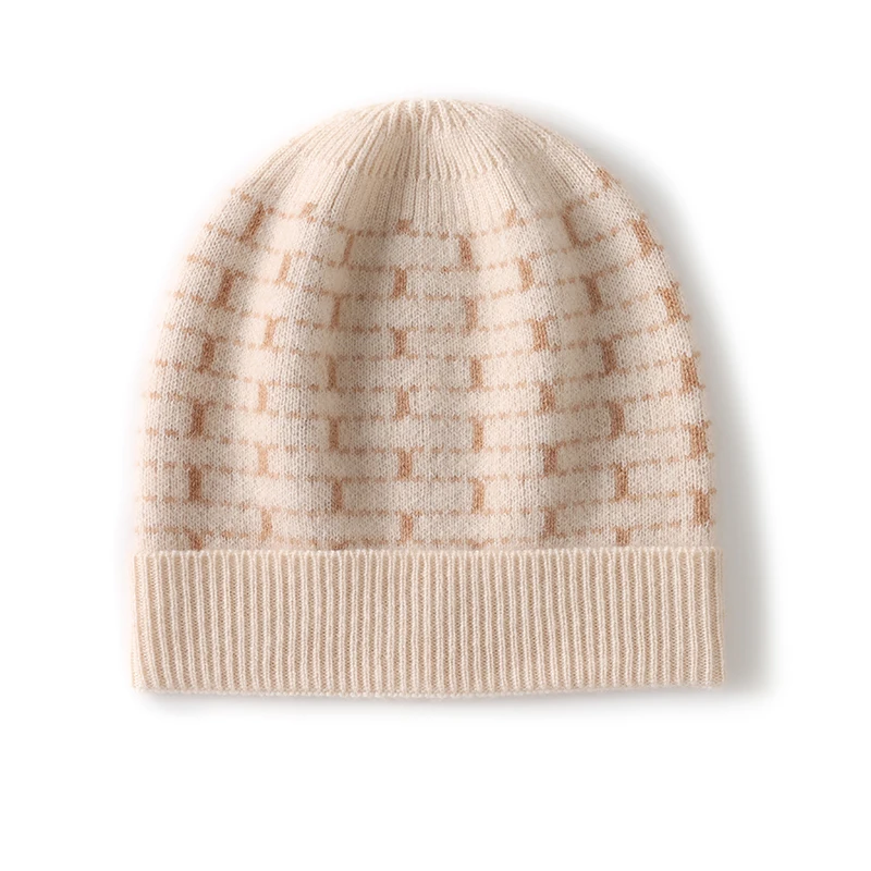 100% Cashmere Autumn Winter New Men and Women Hat Versatile Thickened Color Block Knitted Wool Warm Head Wrap Ear Protection Hat