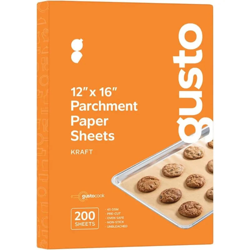 

GUSTO [12 x 16 Inch - 200 Count] Pre-Cut Parchment Paper Baking Sheets, Non-Stick, Unbleached, Parchment Paper Sheets for Baking