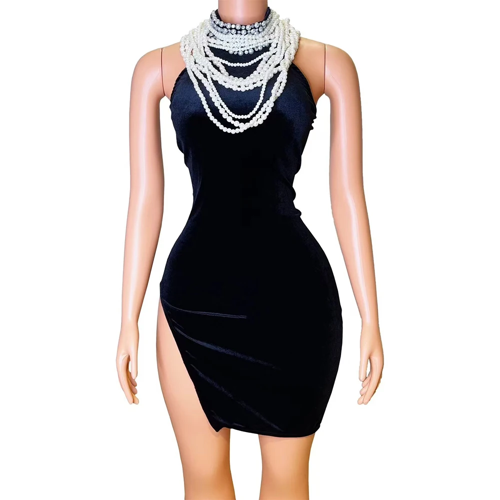 

Luxury Women's Evening Gowns Black Velour Pearl Split Formal Dress Straight High Collar Beaded Evening Photoshoot Gowns