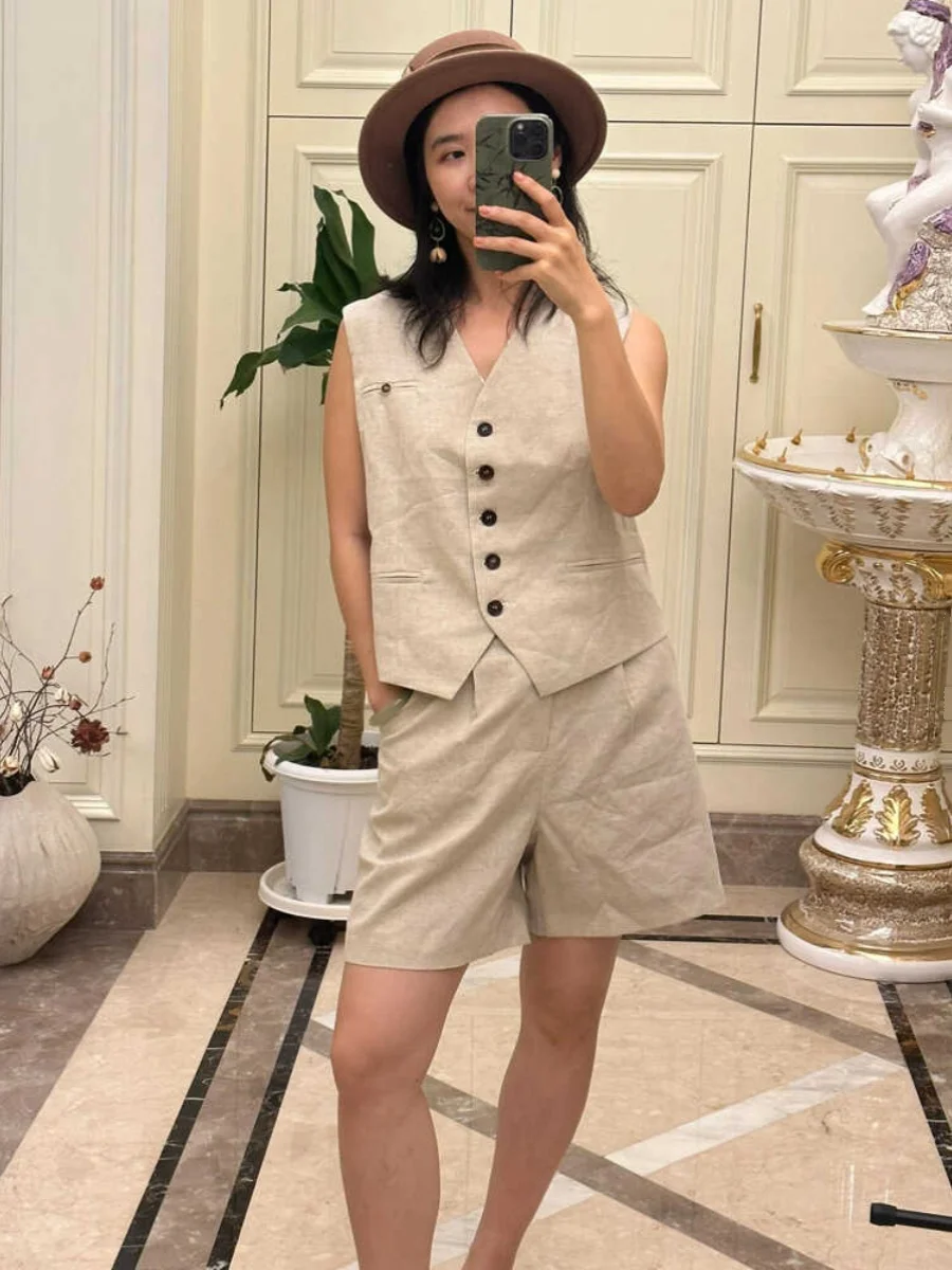 

Faionable Cotton Linen Set Women's Svel Tank Top orts Two-Piece Suit Summer 2024 Button Closure V-Ne ort Sve