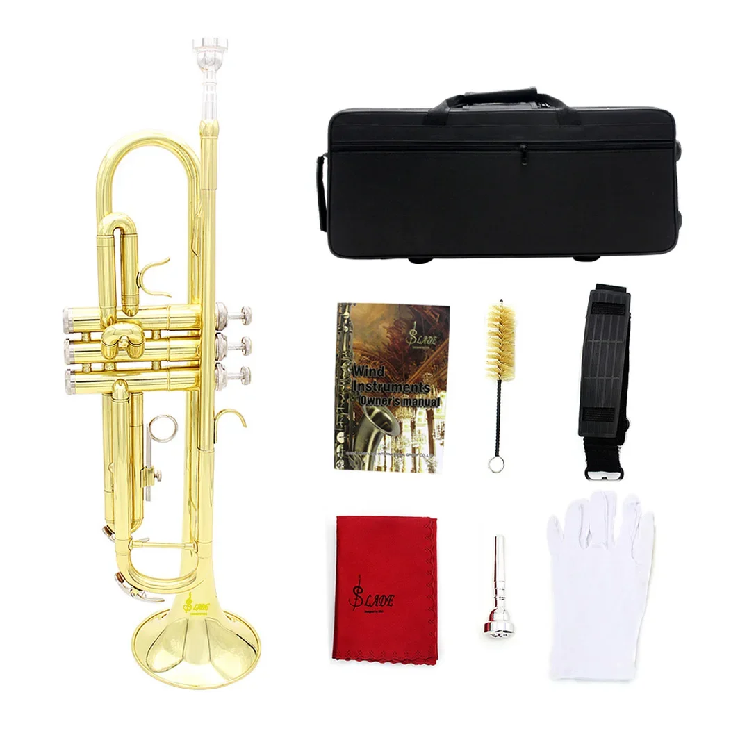 SLADE Brass Trumpet Best Trumpette Professional Musical Trompeta Wind Instrument with Mouthpiece Glove Cleaning Cloth Strap Case