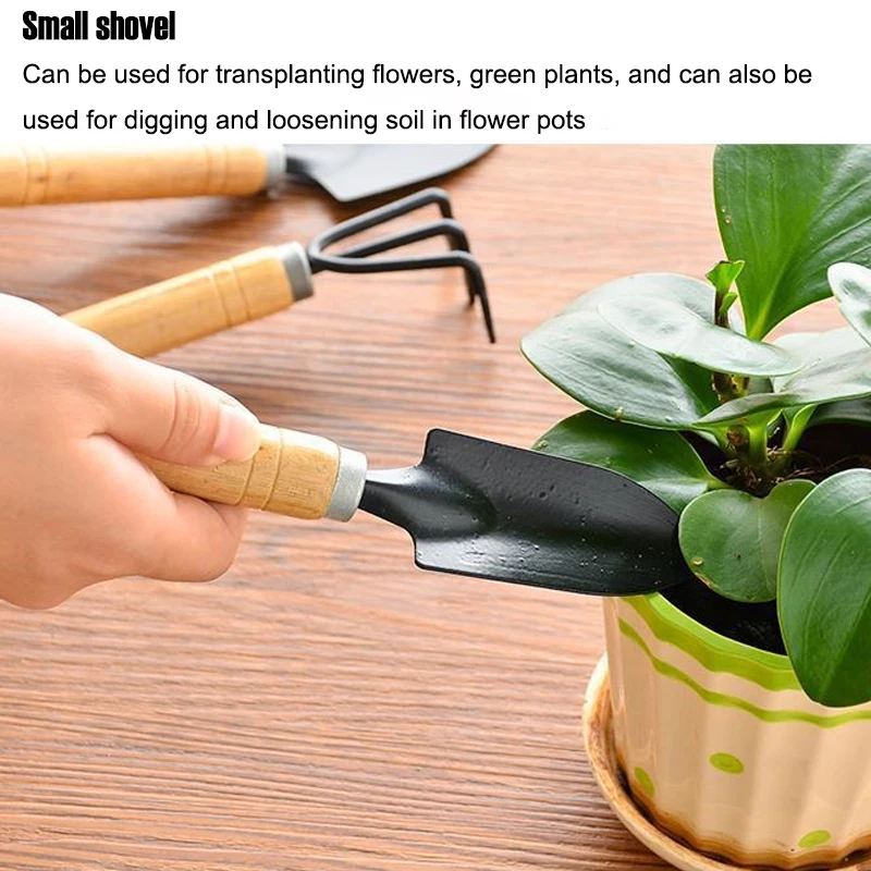 3pcs Mini Iron Gardening Tools Set Wooden Handle Shovel Rake Spade Kit for Succulent Flower Pot Transplant Loosen Soil Weeding