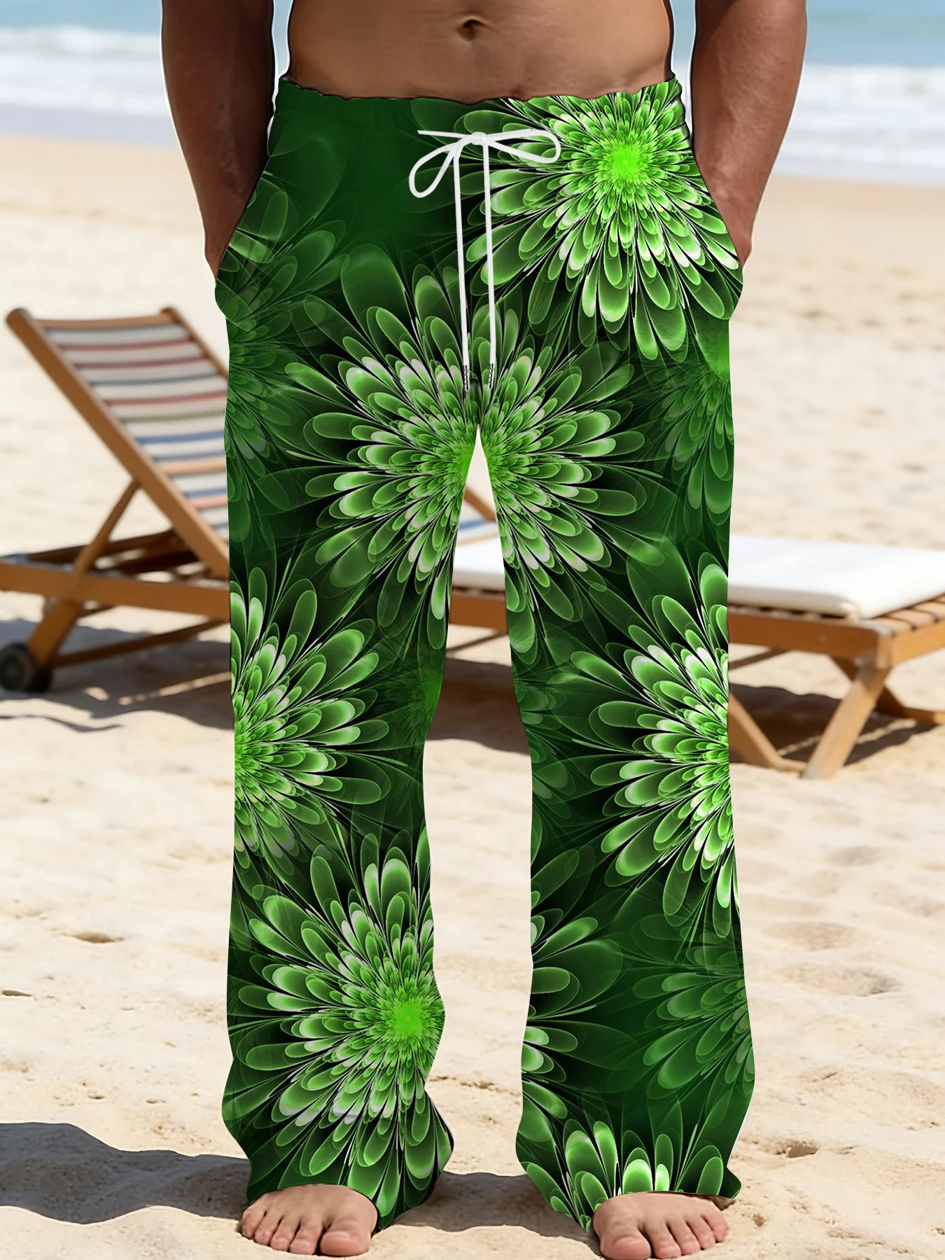 

2026 Men's Printed Straight Leg Pants Abstract Wave Design Drawstring Waist Loose Fit Summer Beach Casual Lightweight Trousers