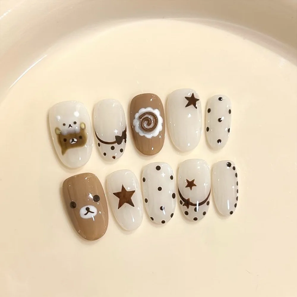 Niedliche Retro Japanische Rilakkuma Rosa Kaninchen Mandel Künstliche Nägel 3D Schleife Stern Katzenpfote Erdbeere Aufklebenägel Handaccessoires – Detail 29