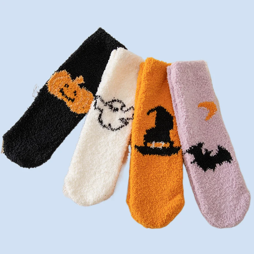 

2/4 Pairs Halloween Series Fashion Women's Coral Fleece Socks Autumn and Winter Warm Thick Floor Socks Sleeping Stack Socks