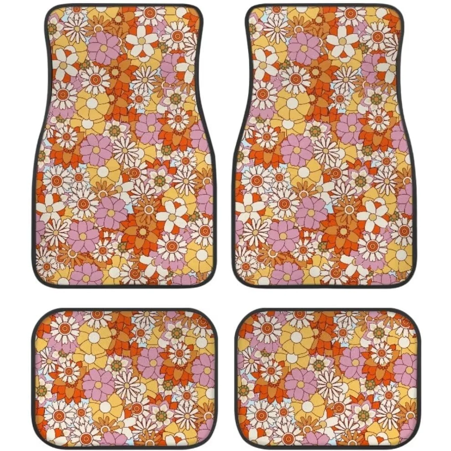 Flower Car Floor Mat Full Set 4pcs Floor Mats Rubber Backing Anti-Slip Universal Fit SUV Truck Vehicles All Weather Protection