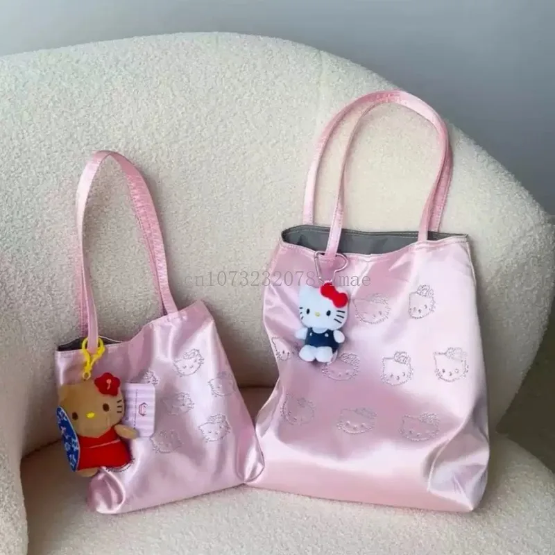 Sanrio Hello Kitty Satin Diamond Handbag Cute Cartoon Luxurious Tote Bag Girls Large Capacity Portable Outgoing Shopping Bags