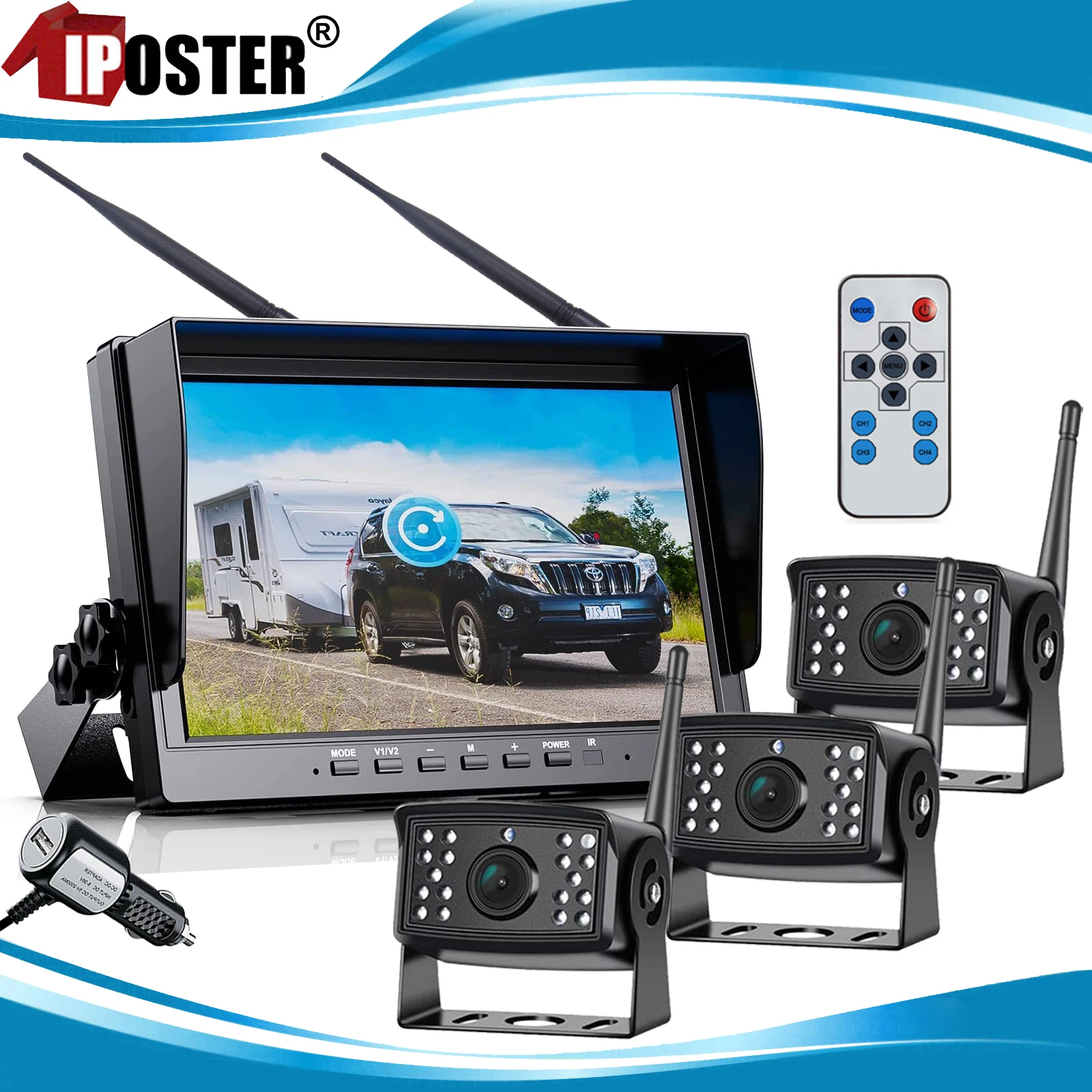 iPoster 10.1 inch Digital Wireless Quad DVR Monitor 3x Reversing Backup Camera 50-100m For Truck Bus Trailer Motorhome