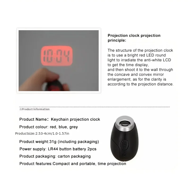 Mini LED-projectie-alarmsleutelhanger – draagbare digitale klok met projectie, ovaal ontwerp voor reizen, bureau en slaapkamergebruik