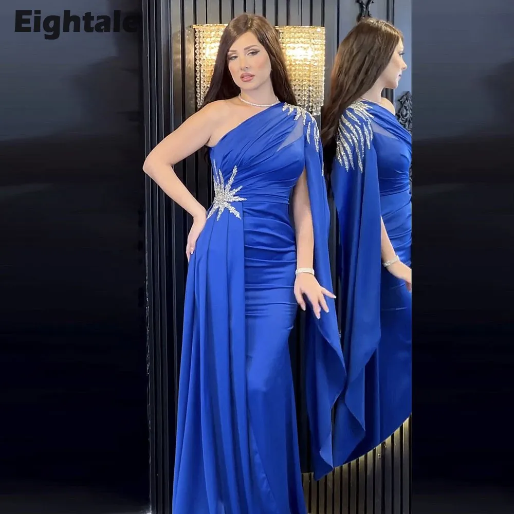 

Eightale Elegant Evening Dresses One Shoulder Beaded Blue Mermaid Prom Wedding Party Dress Formal Arabic Satin Robes De Soirée