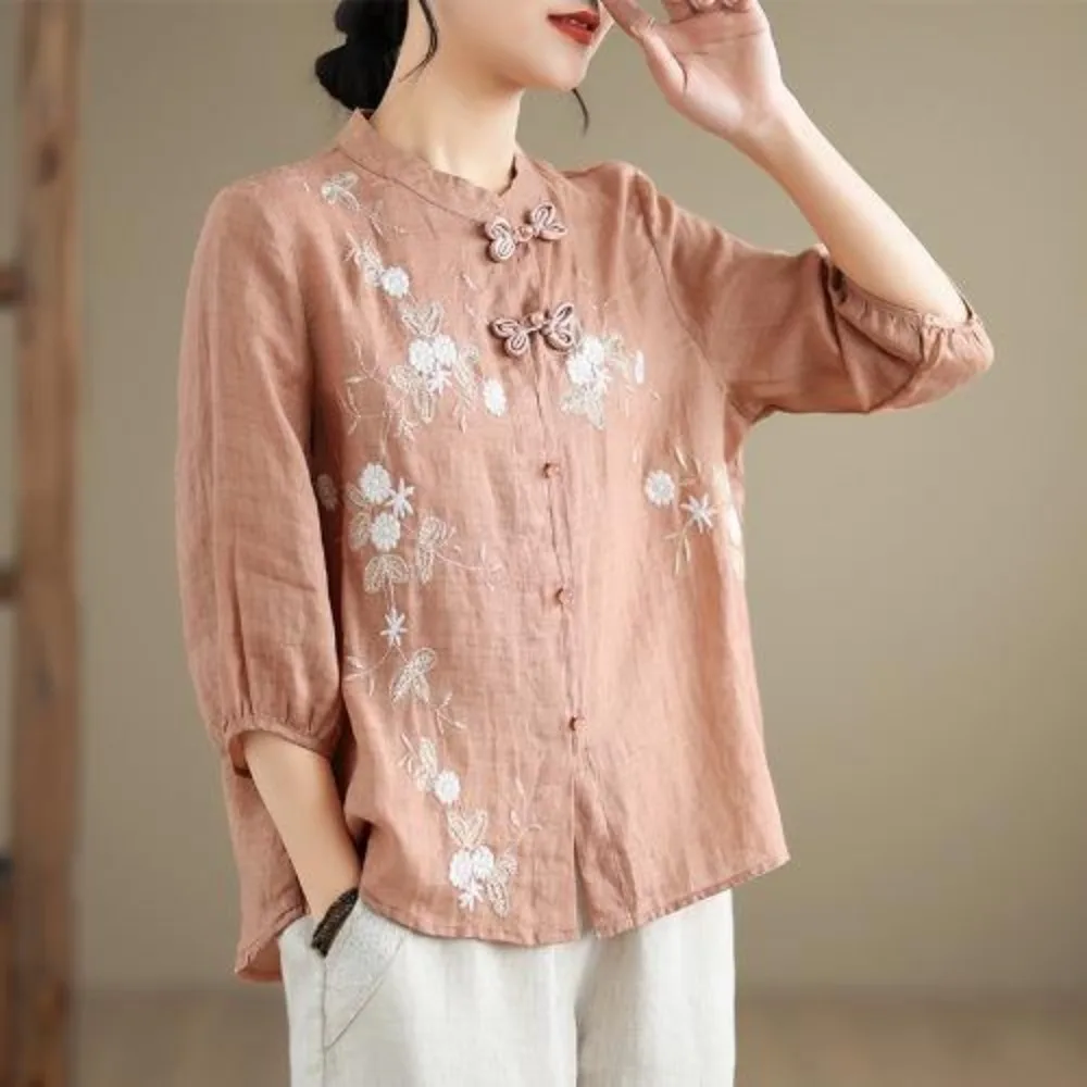 Women's Summer Chinese Style Frog Button Cotton Linen Three‑quarter Sleeve Shirt, Embroidery Stand Collar Loose Thin Blouse