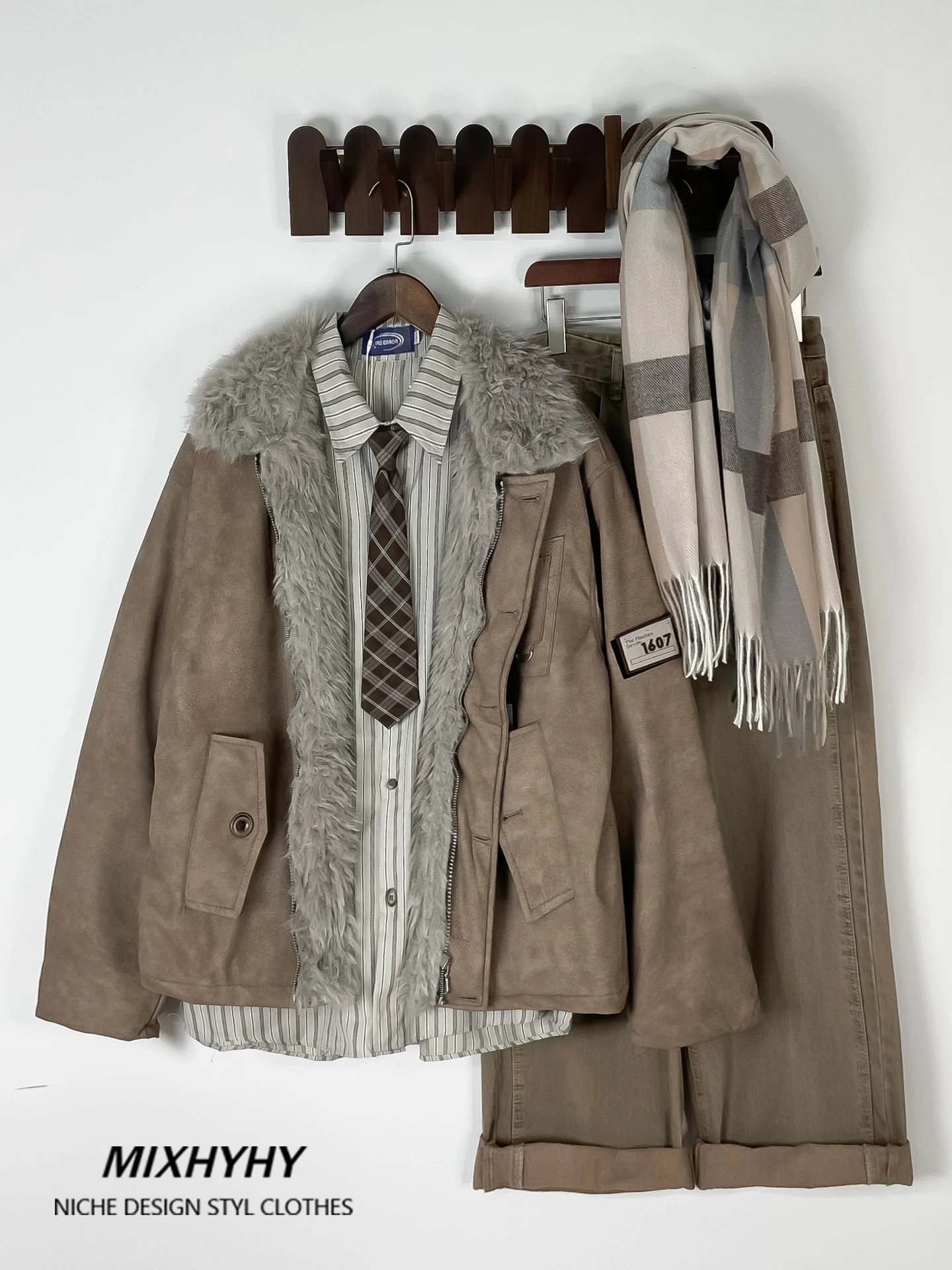 

MIXHYHY American Retro Men's Cotton Jaet with Large Fur Collar Warm Winter Coat ort Outerwear Inteated Leather Fur