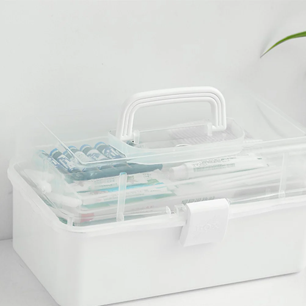 سعة كبيرة الطب الصدر L الأبيض متعدد الطبقات صندوق تخزين محمول قفل أمان للأطفال غطاء شفاف الإسعافات الأولية المنزلية