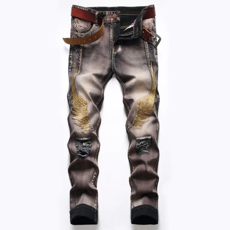 

Fashion Designer Casual Ripped Jeans Denim Pants High Quality Long Plus Size 29-42 Men Straight Slim Jeans Embroidery Wings