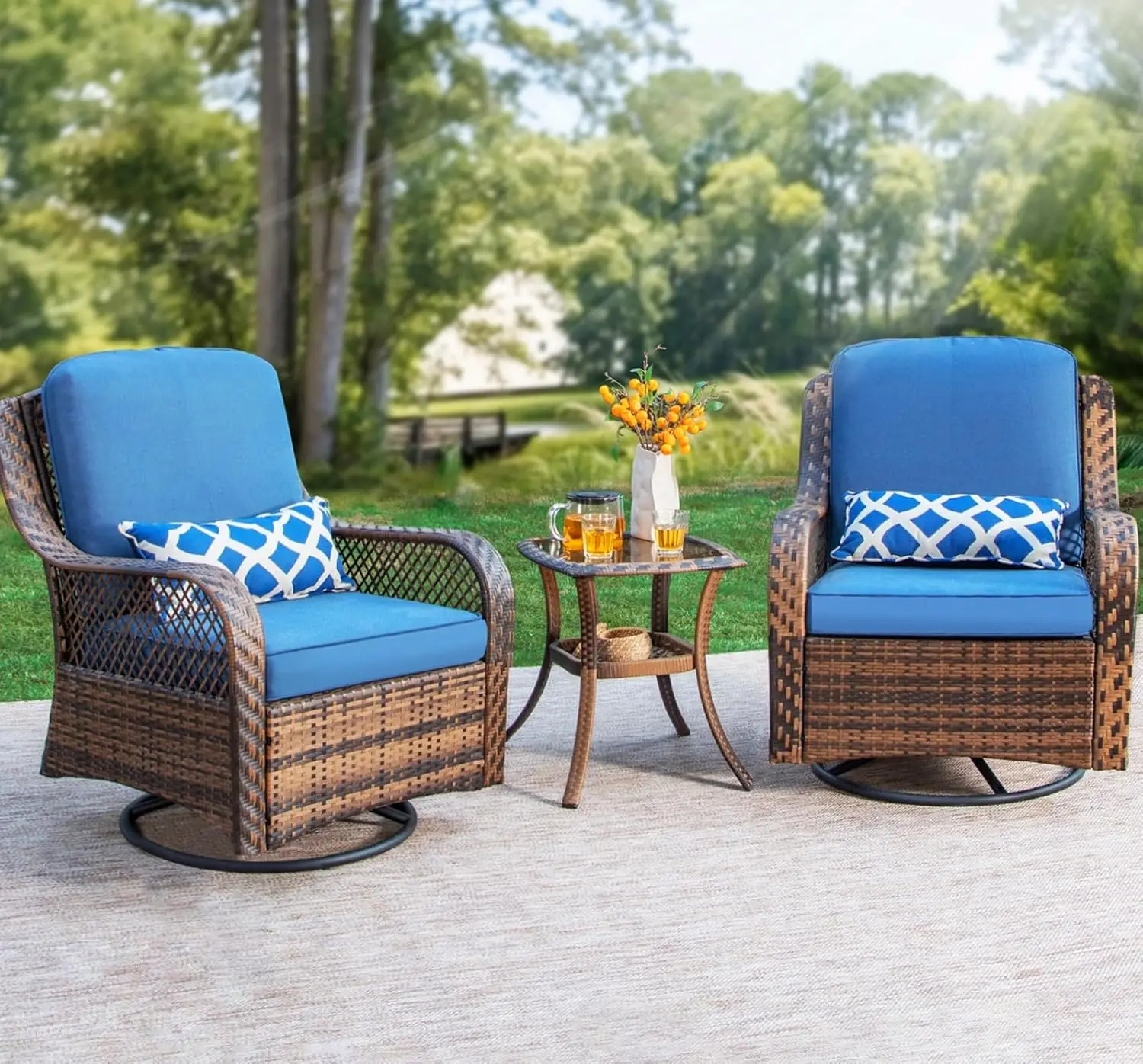 

Oversized Outdoor Swivel Rocker Chairs Set Clearance 3 Piece with 1 Table and 2 Rocking & Swivel Chairs Support 350lbs Navy Blu