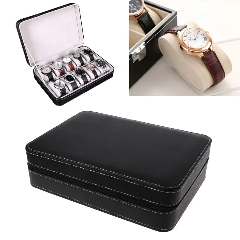 10 Slots Watch Zipper Travel Box Leather Display Case Organizer Jewelry Storage Container for Women Men Watch Display