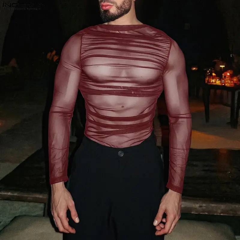 Camiseta Masculina INCERUN Transparente de Malha Sexy com Gola O e Manga Longa, Blusa Masculina Streetwear Plissada 2026 para Festas, Roupa Masculina