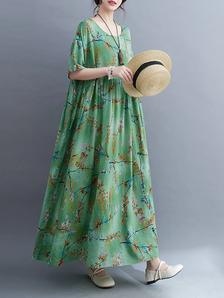 

NYFS 2023 Summer New Simple Fashion Bohemia Woman Dress Vestidos Robe Ete Femme Elbise Loose Print Short Sleeve Long Dresses