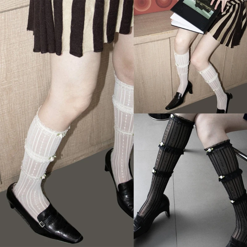 Women's Layering Ruffle Sheer Knee High Socks Silk Stockings Summer Calf Socks