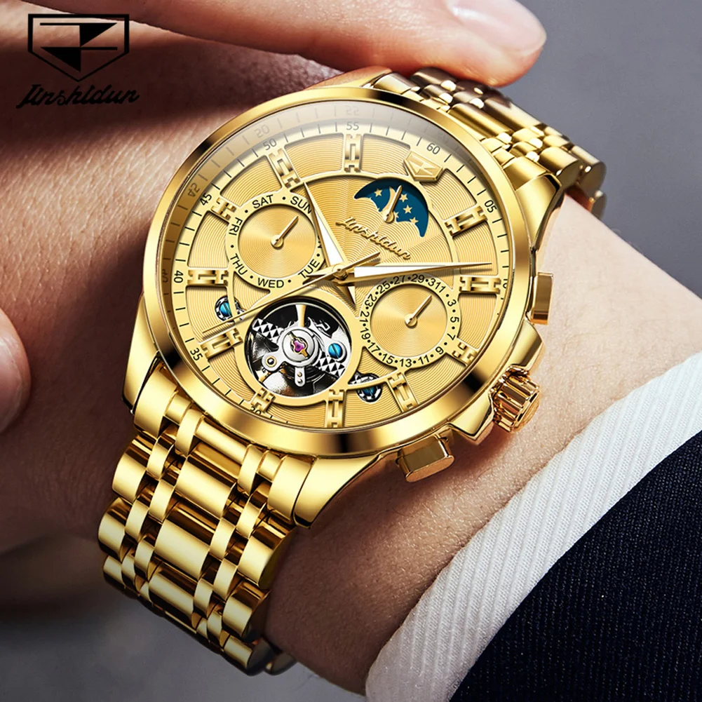 JSDUN Golden Automatic Mechanical Watch for Men Tourbillon Skeleton Moon Phase Calendar Men Watch TOP Brand Original Wristwatch