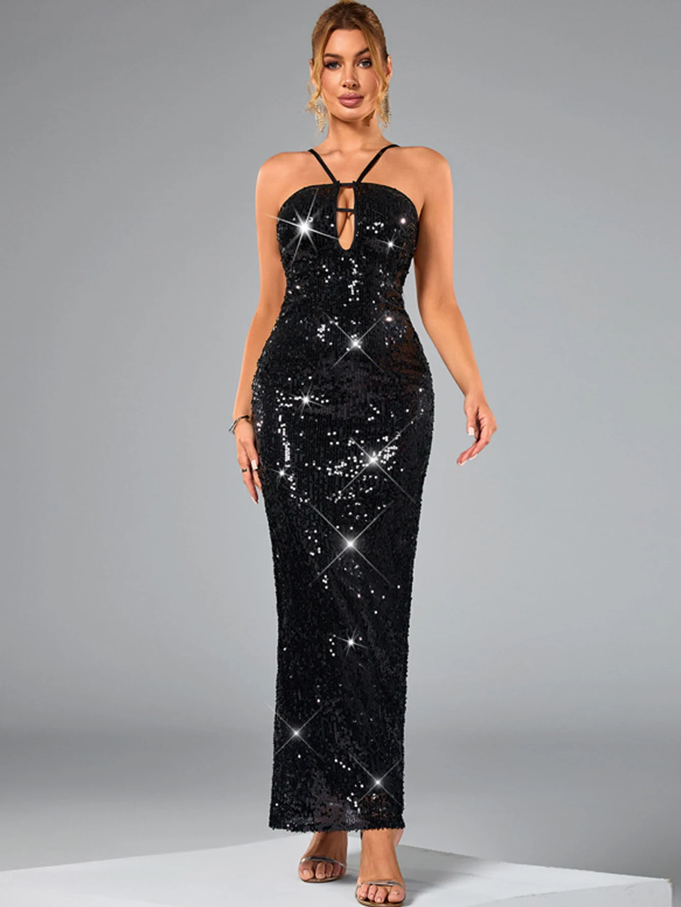 Sexy rückenfreies schwarzes Pailletten-Sommerkleid für Damen, elegante Abendparty, lange Kleider, 2025, Maxi, figurbetontes Geburtstagskleid, Vestidos