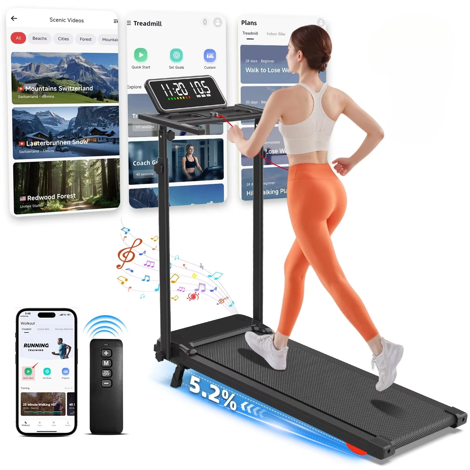 Incline Portable Treadmills 3 in 1 Foldable Walking Pad Home Use  Motorized Under Desk Treadmill with Heart Rate Test