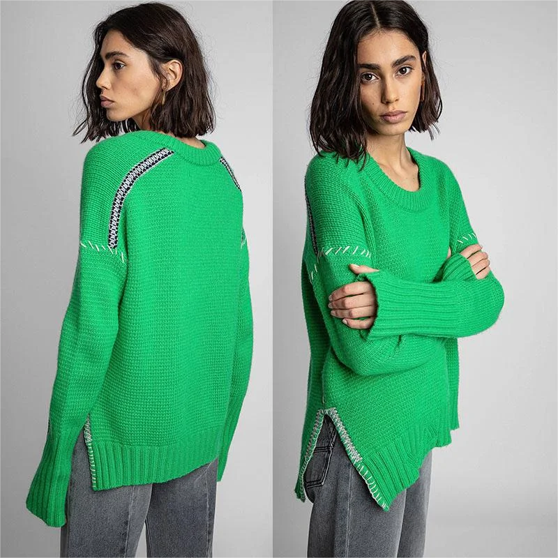 Zadig suéter de inverno feminino moda verde bordado casual malhas jumpers feminino gola redonda manga comprida suéter de caxemira tops