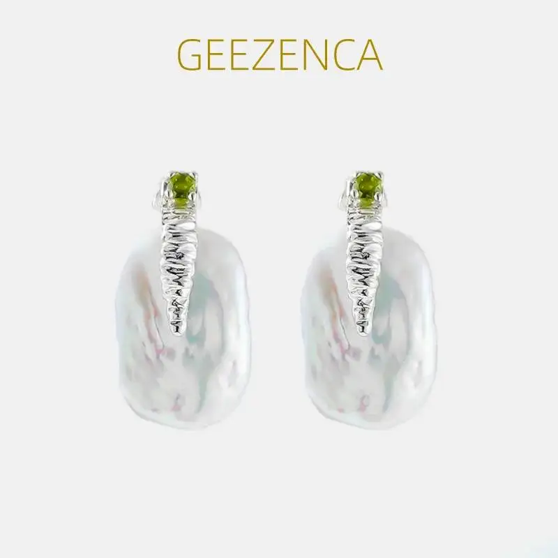 

GEEZENCA Natural Baroque Pearl Tourmaline 925 Sterling Silver Earrings For Women French Chic Luxury Small Earring 2023 New Gift