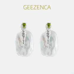 GEEZENCA Natural Baroque Pearl Tourmaline 925 Sterling Silver Earrings For Women French Chic Luxury Small Earring 2023 New Gift