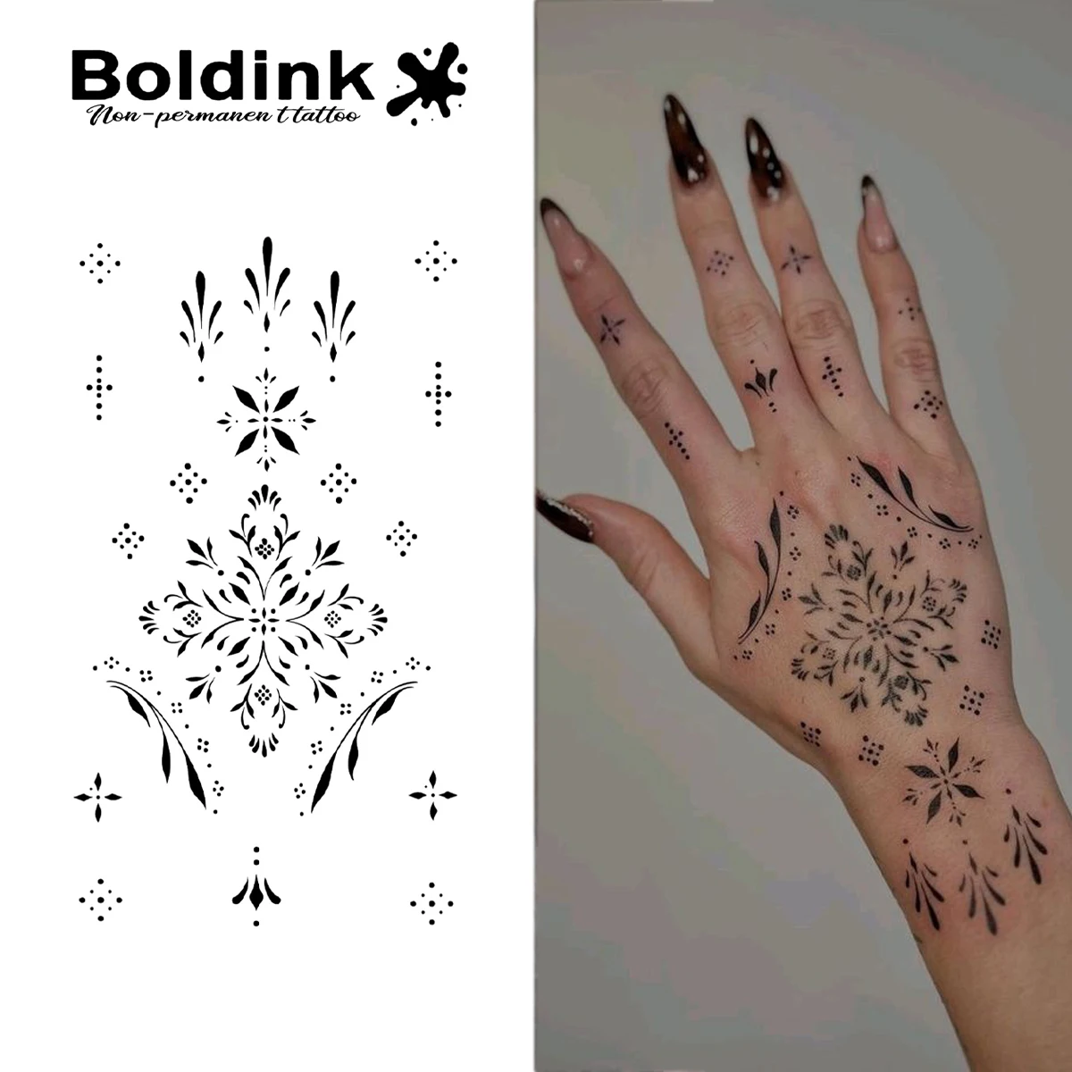 Boldink Plant-based Mandala Floral Pointillism Hand Tattoo Set for Painless Henna Alternative, Festival Body Art & Boho Casual S