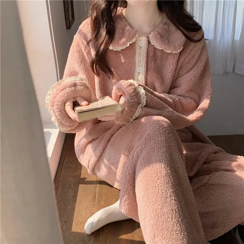 Lace Women Pajamas Set Winter Fleece Sweet Turn-down Collar Long Sleeve Tops+Pants Home Set Casual Button Cardigan Sleepwear